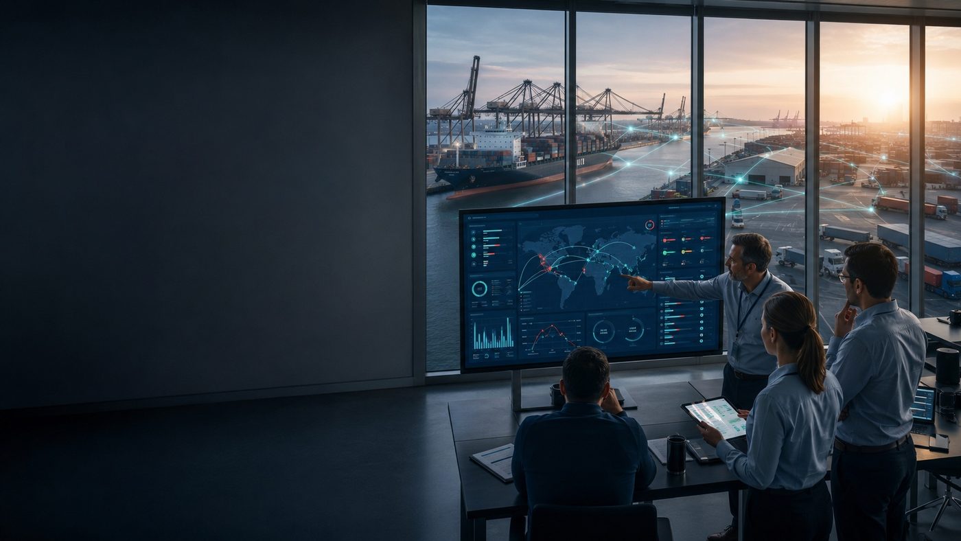 Team in a control room reviewing live logistics dashboards on a large screen overlooking a container port