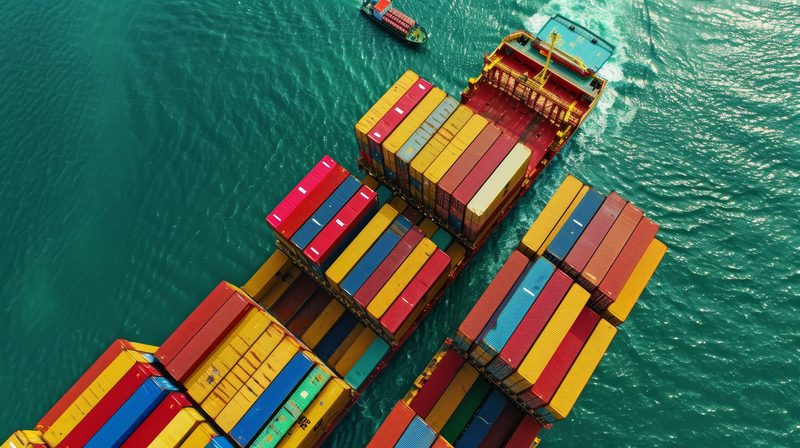Aerial view of brightly coloured shipping containers stacked on a vessel