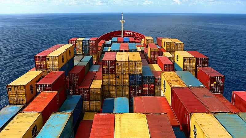 View across stacked shipping containers on a vessel's deck looking out to open sea