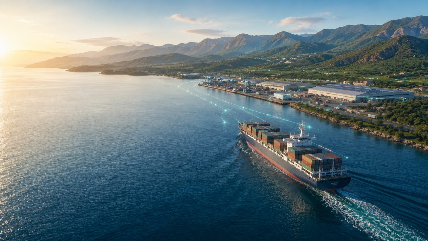 Container ship sailing along a green coastline in morning light